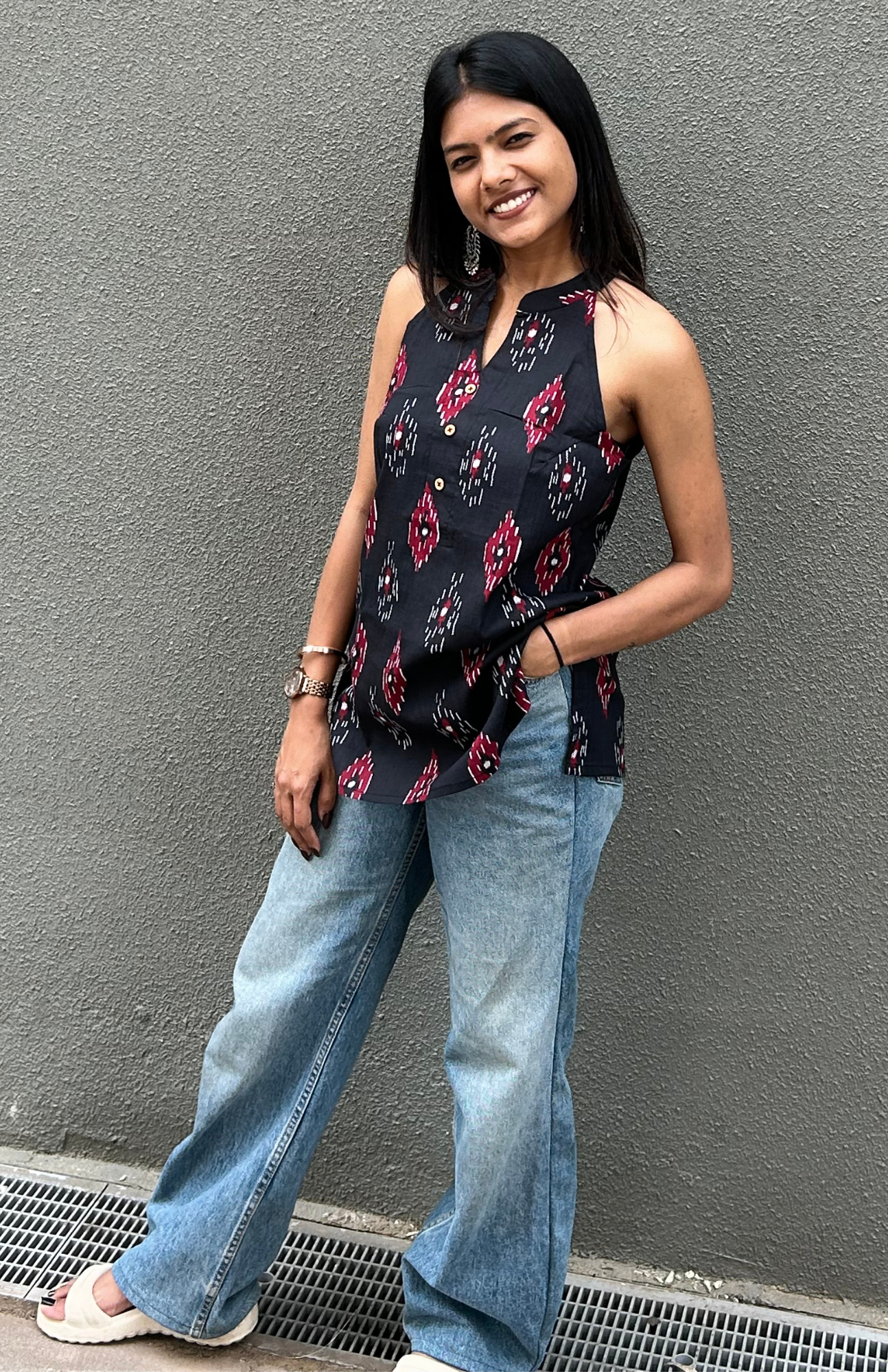 Black Ikkat Print Top