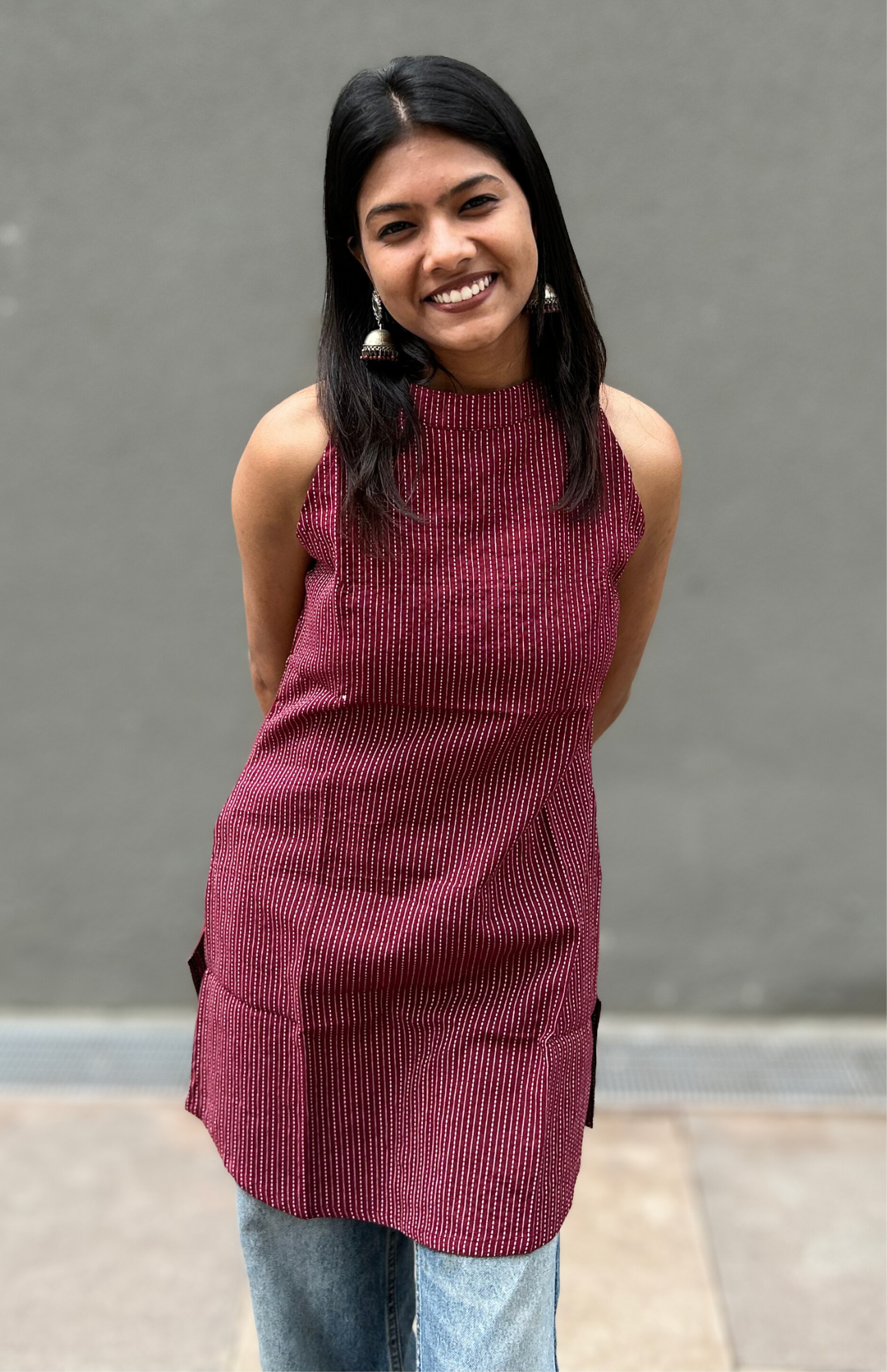 Dark Maroon Kantha Work Halter Neck Short Kurti