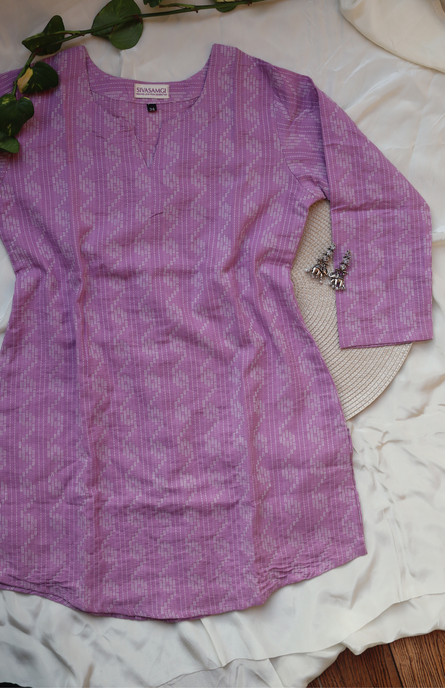 lilac cotton short kurti with white kantha