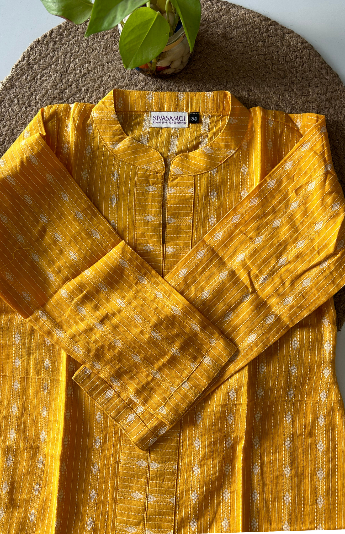 Traditional yellow kantha work mandarin collar top