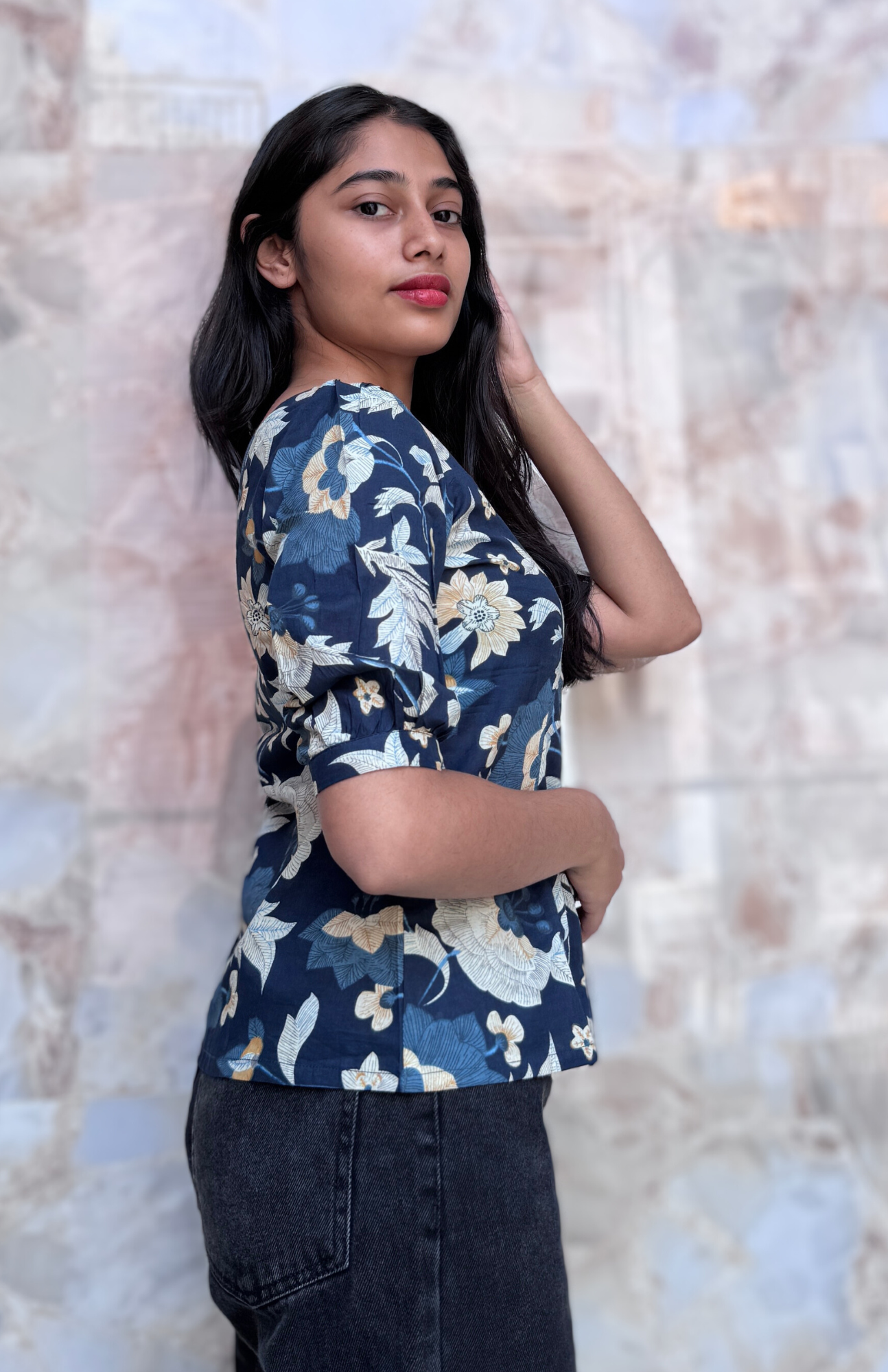 Deep Blue Floral Print Cotton Short Top