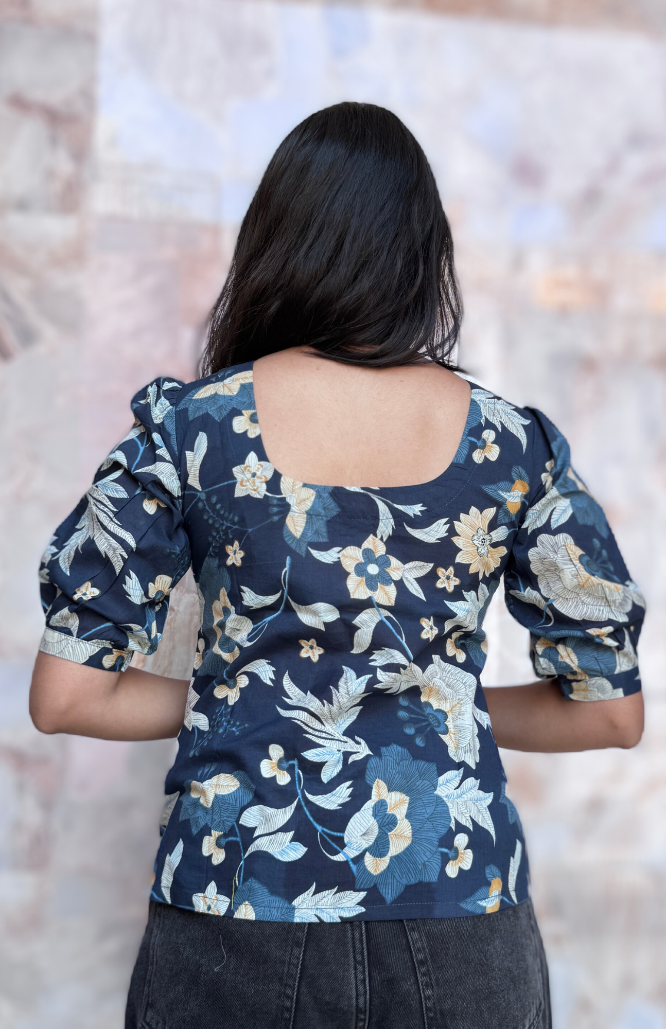 Deep Blue Floral Print Cotton Short Top