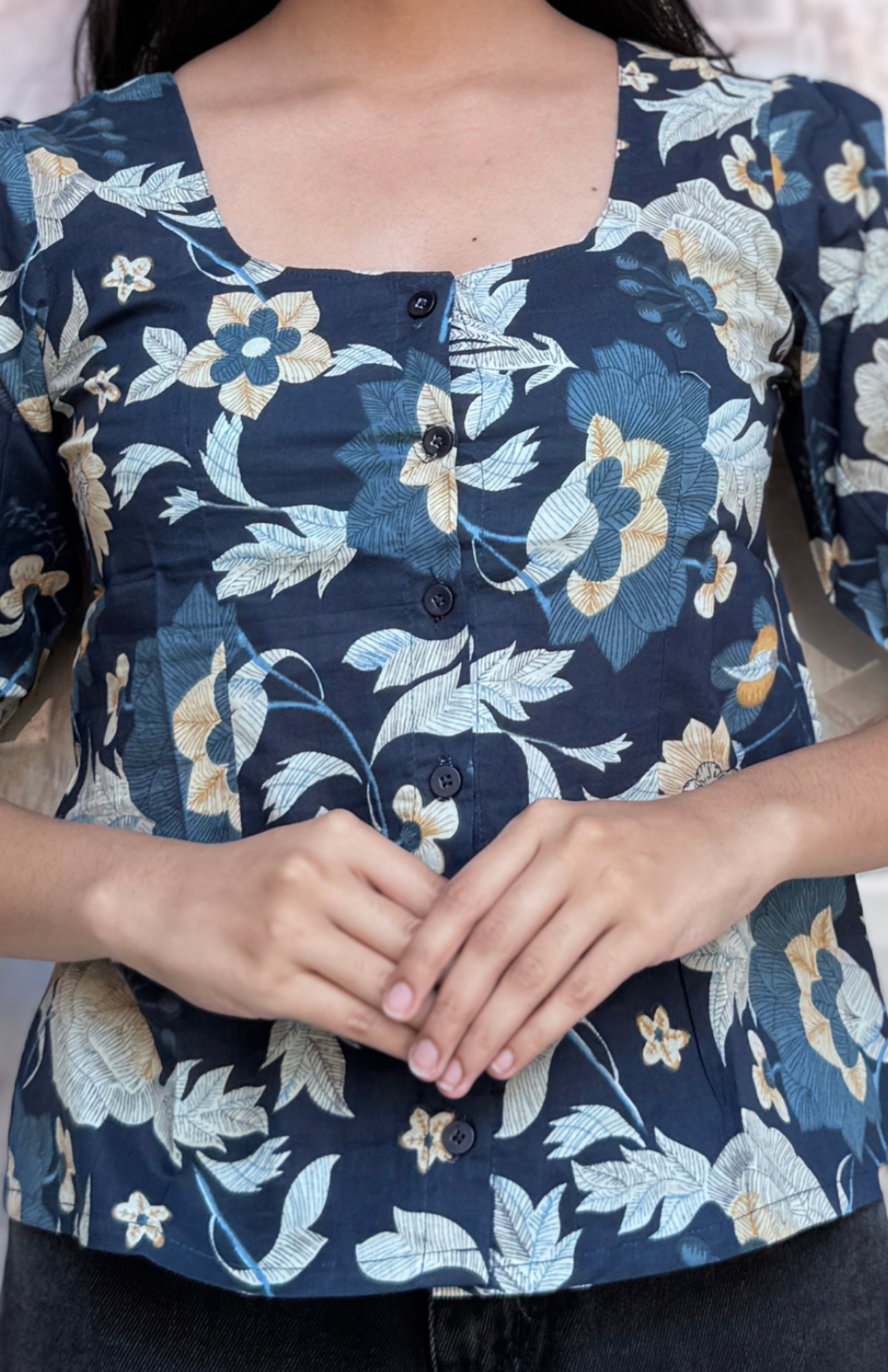 Deep Blue Floral Print Cotton Short Top