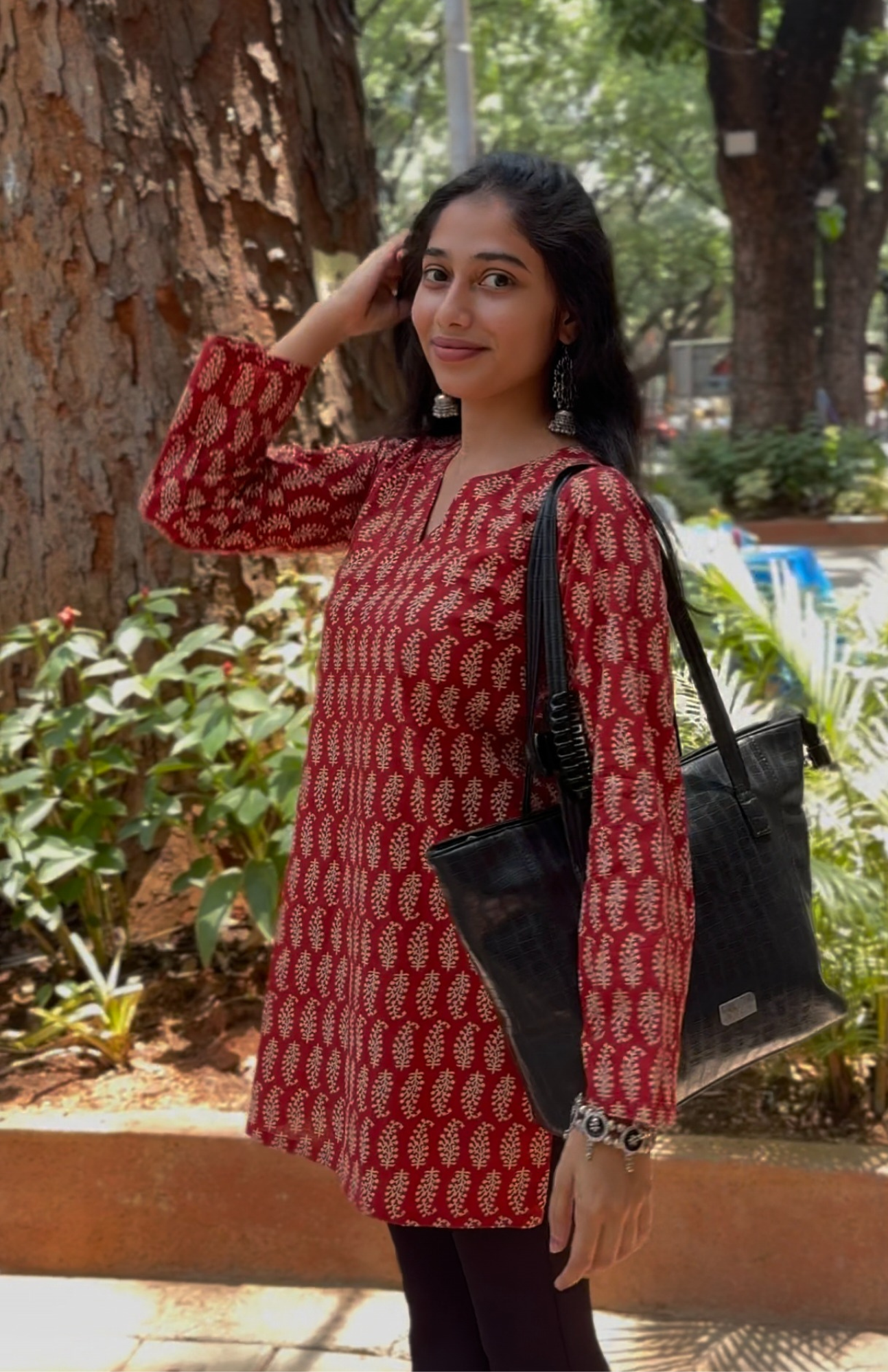 V Neck Maroon Color Leaf Print Cotton Short Kurti