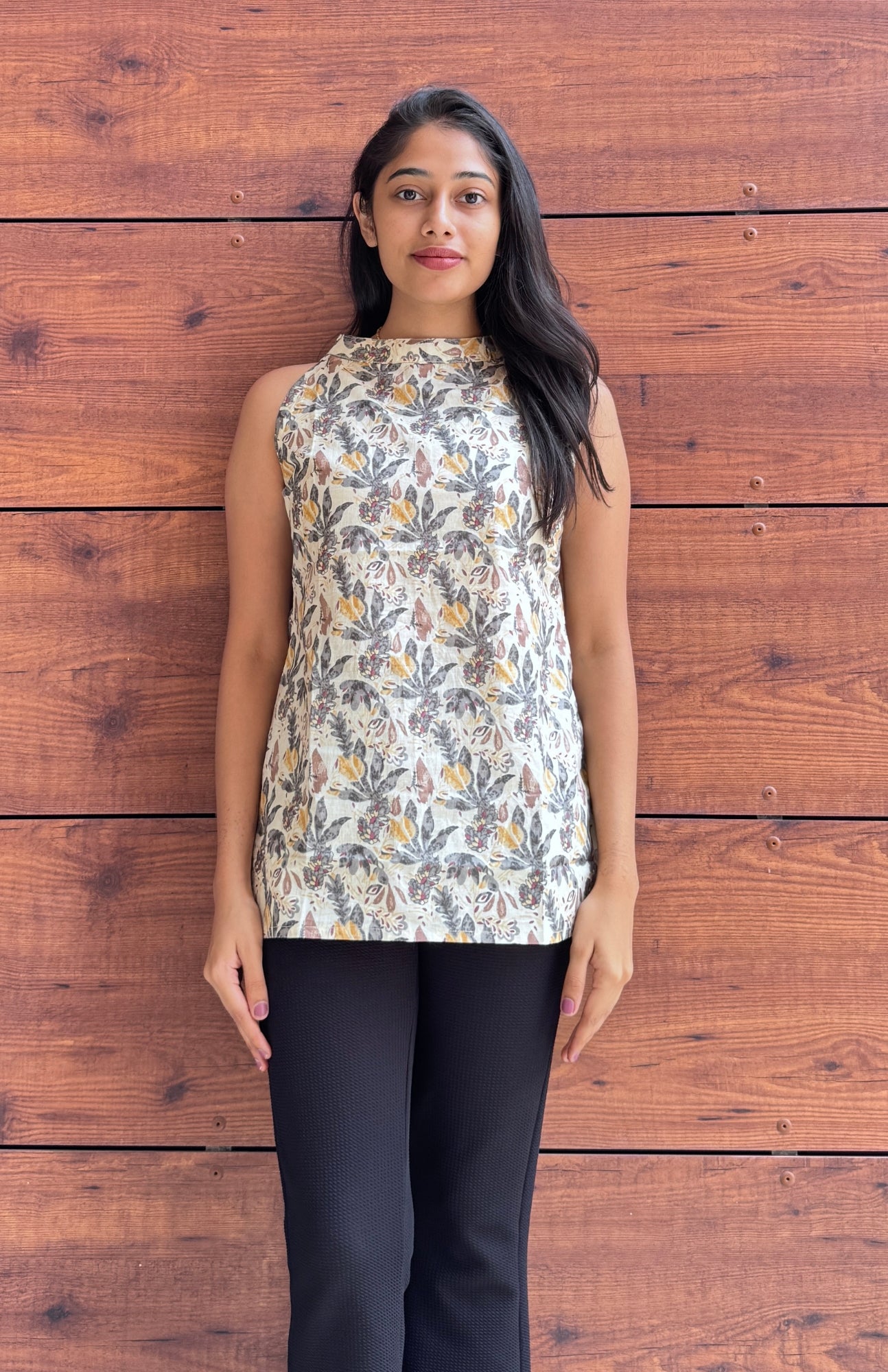 Cream Leaf Print Halter Neck Sleeveless Top
