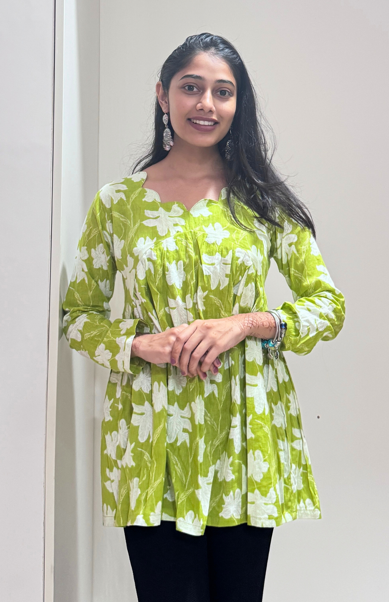 Scallop Neckline Lime Green & White Floral Print Alia Cut Cotton Top