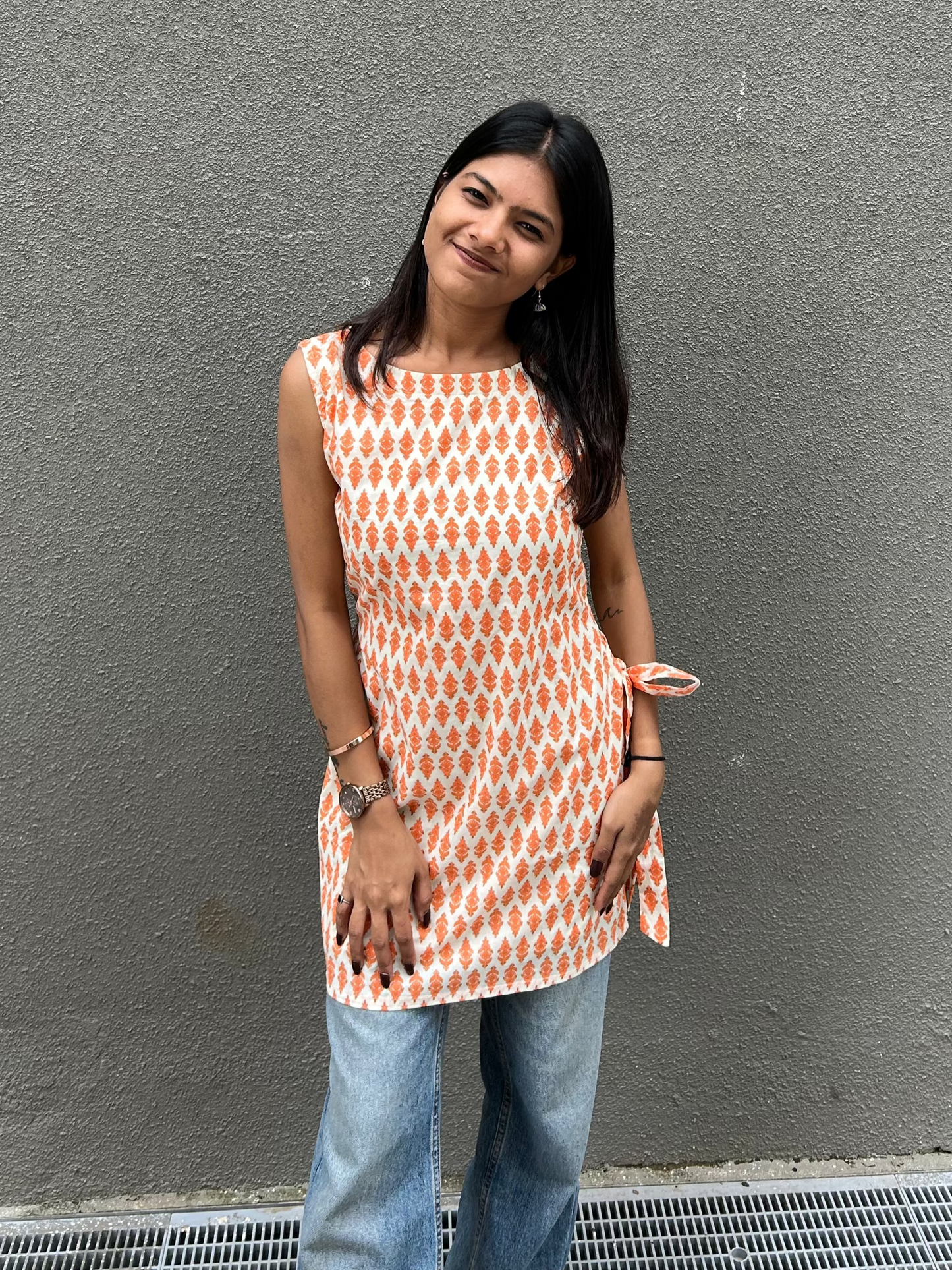 Cream With Peach Ajrakh Print Short Kurti