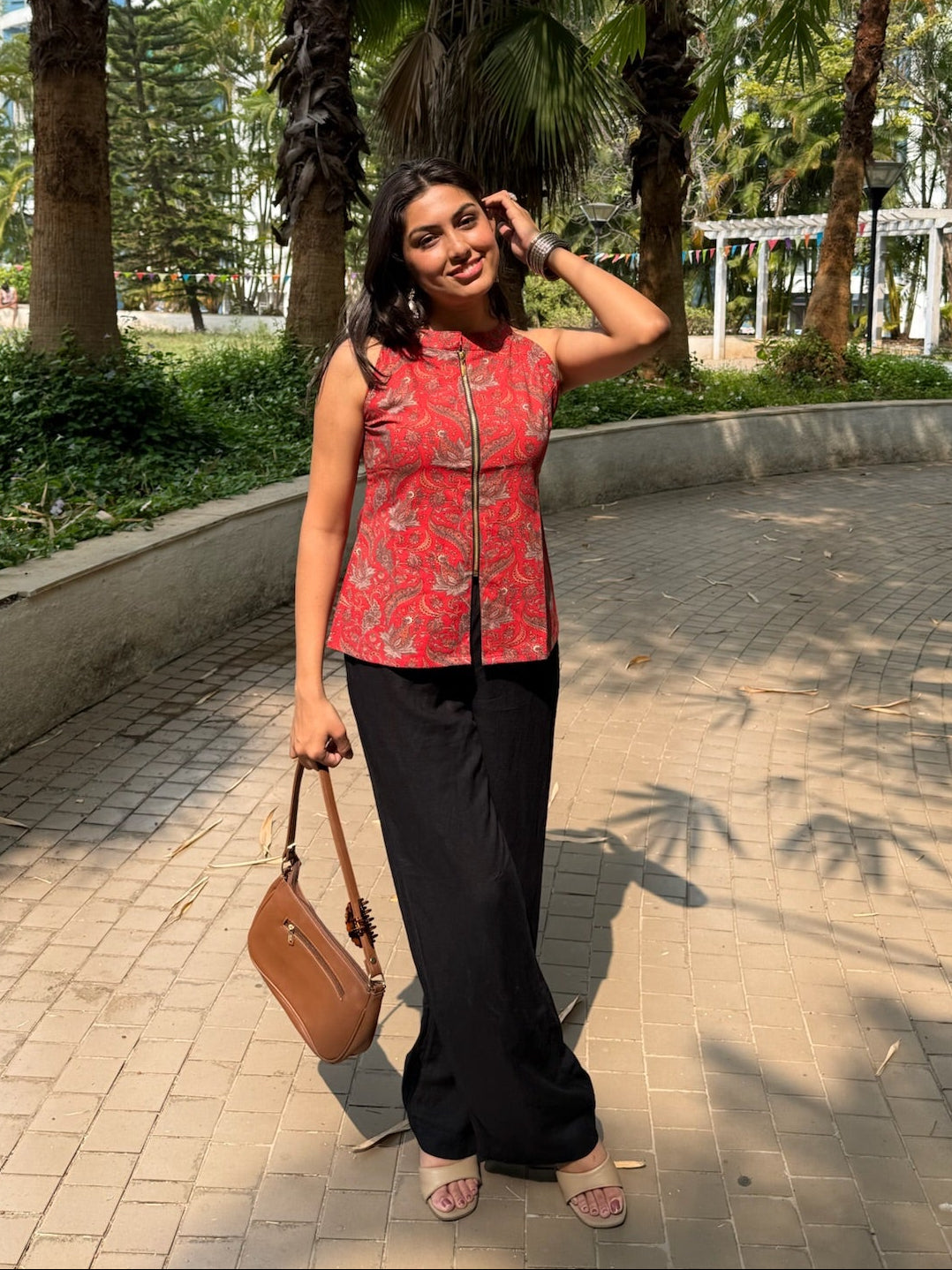 Red Kalamkari Cotton Halter Neck Zip Front Top for Women