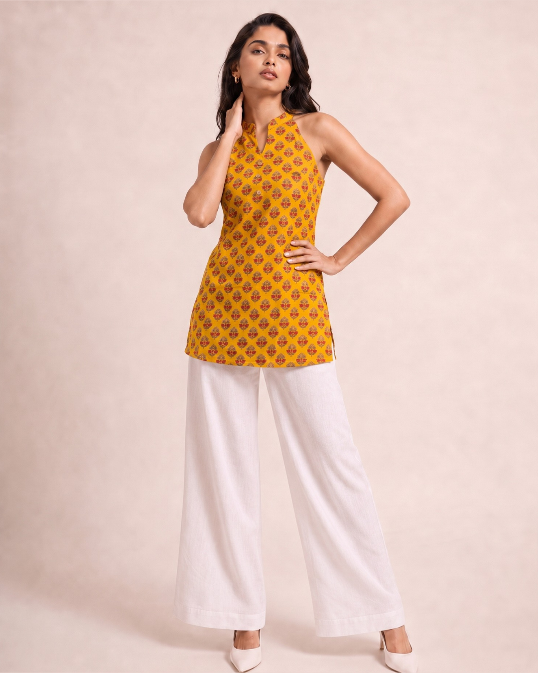 Mustard Yellow Mandarin Collar Short Kurti