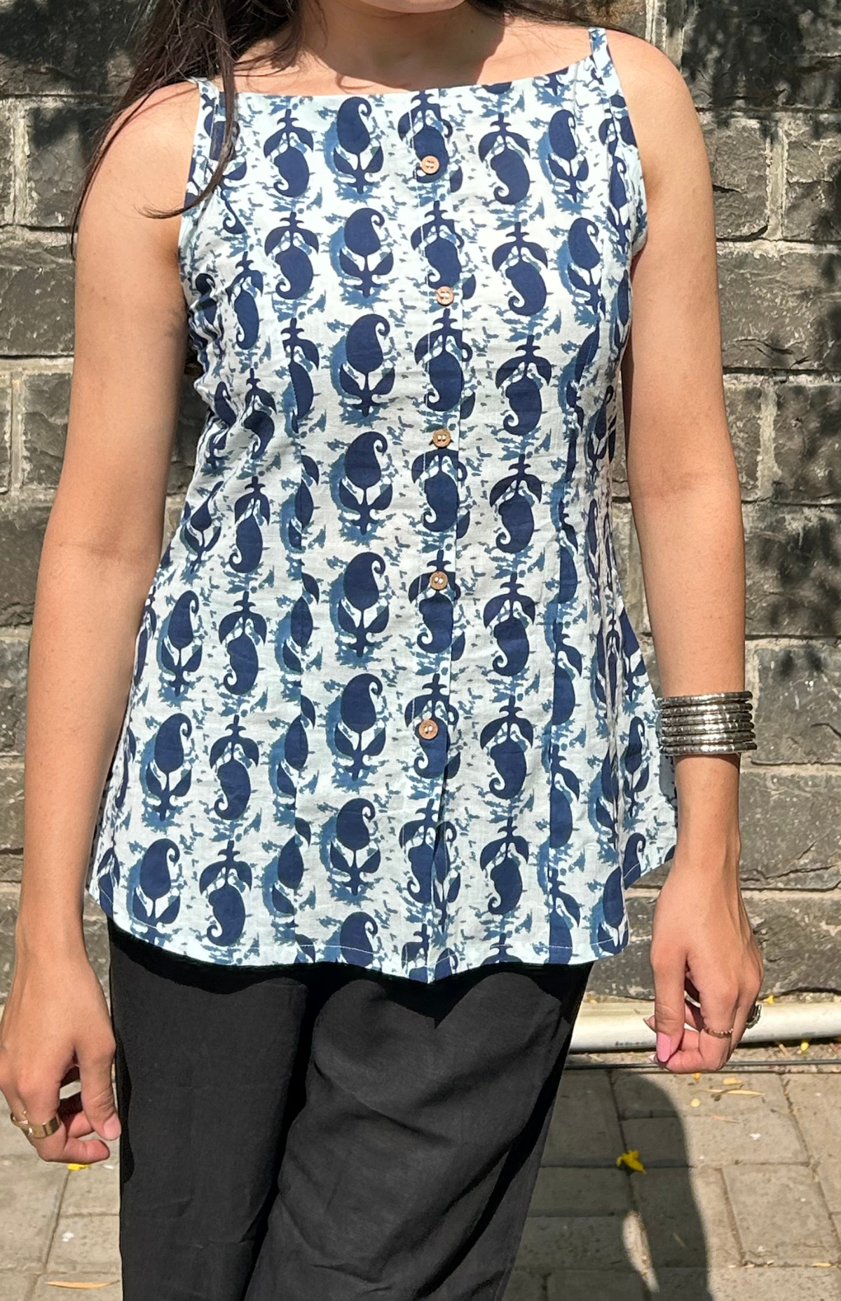 Blue White Kairi Print Cotton Spaghetti Strap Top for Women