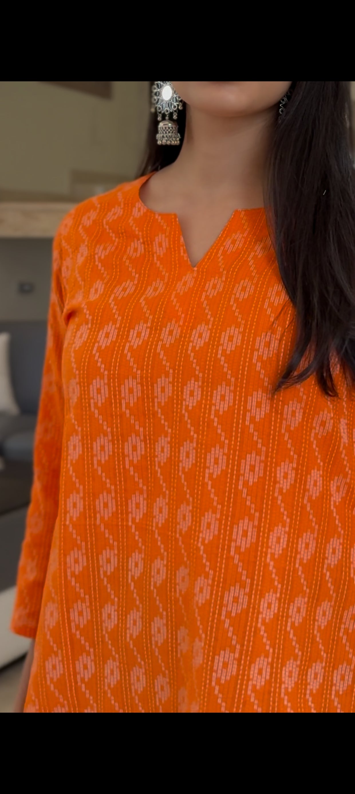 orange cotton short kurti with white kantha embroidery