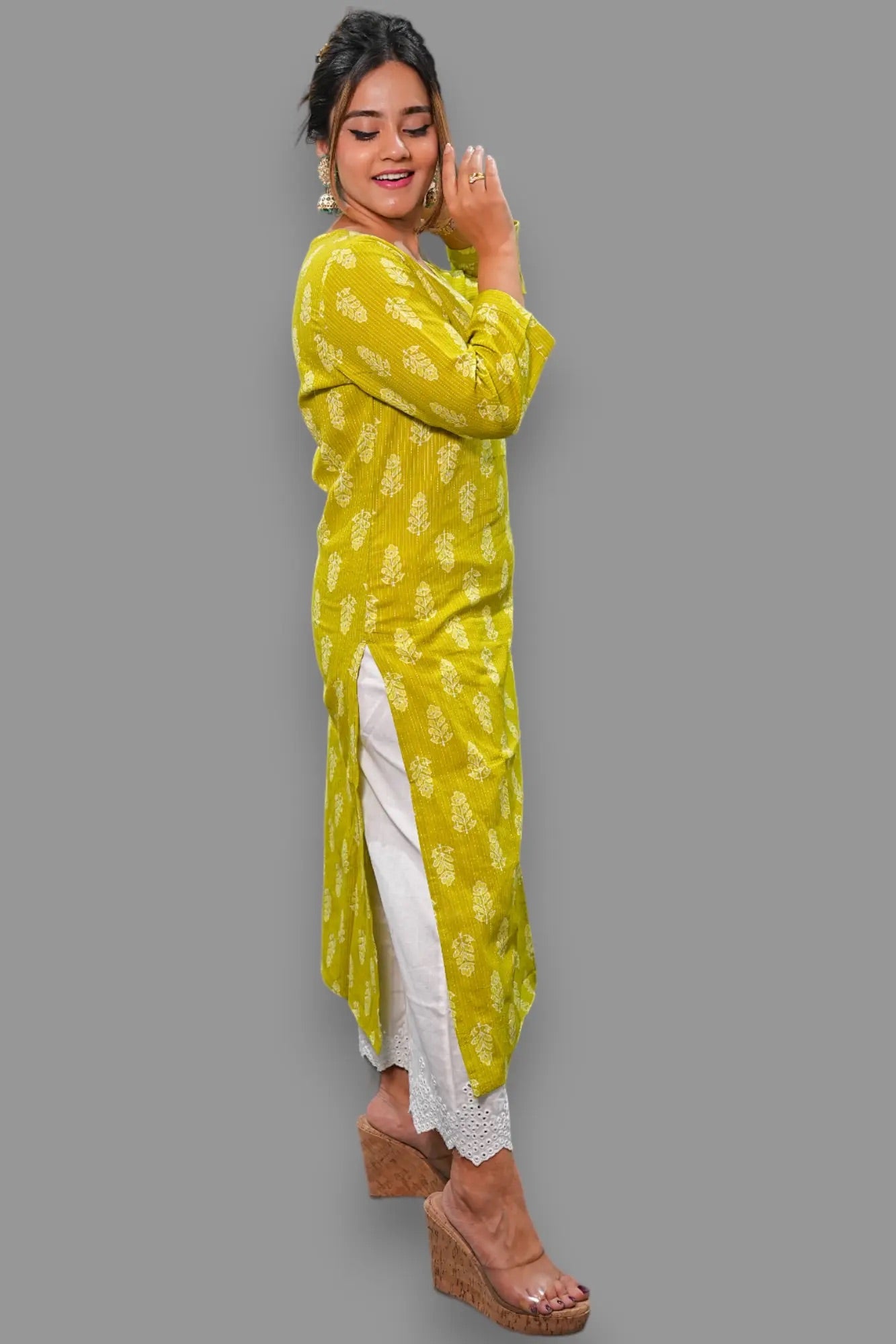 leaf green v neck block print cotton kurti