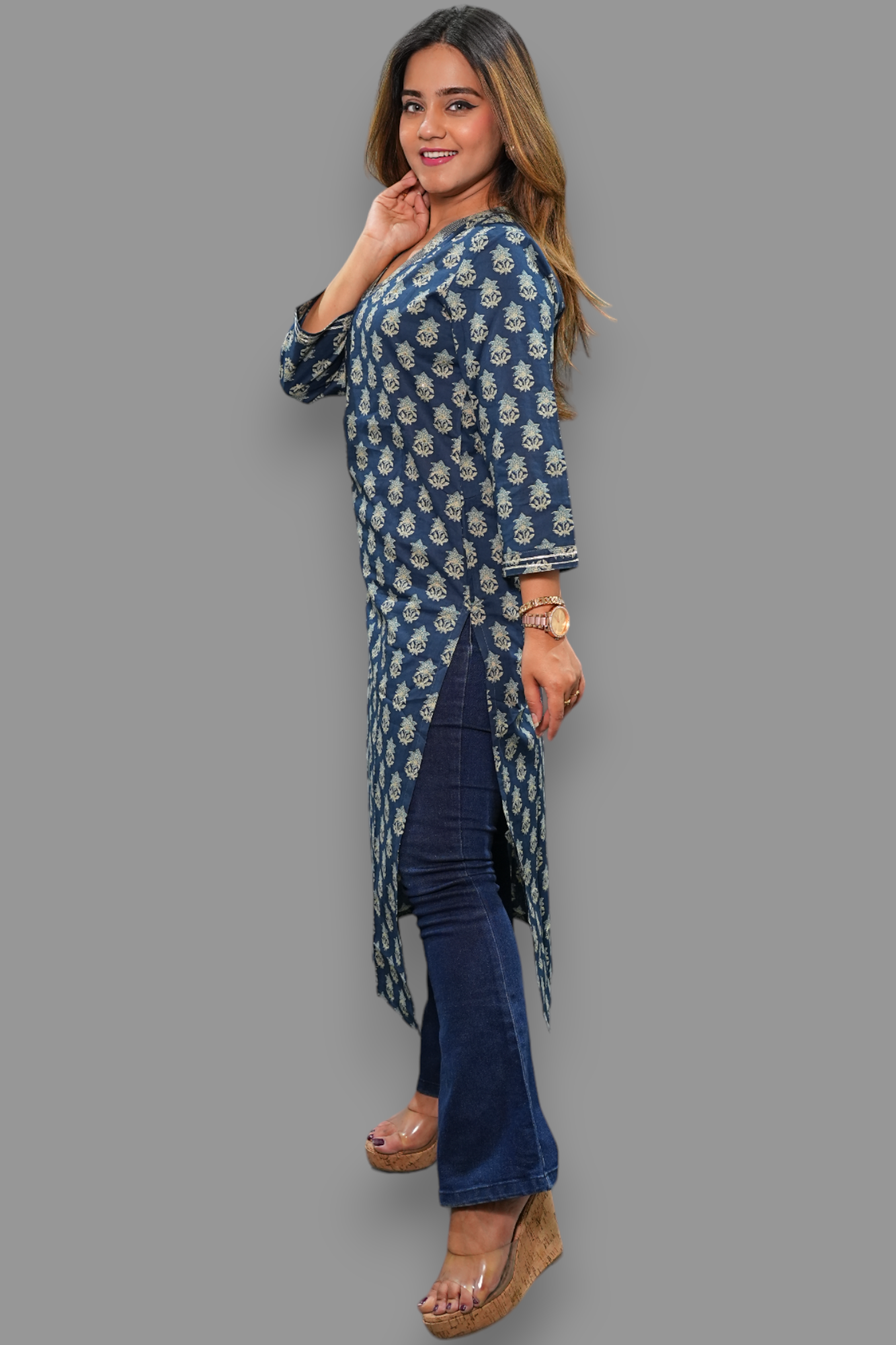 dark blue cotton v neck straight kurti