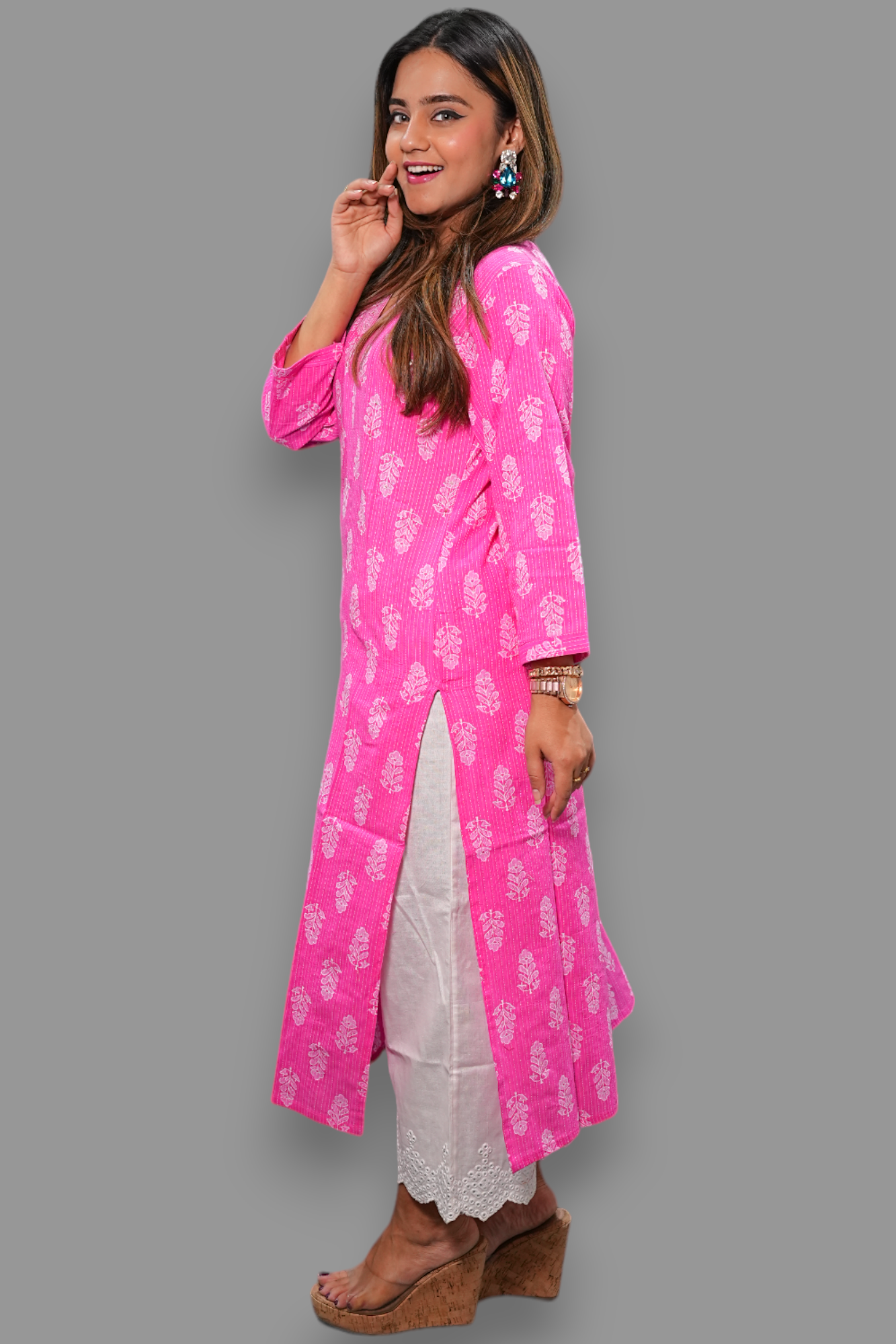 pink v neck block print cotton kurti