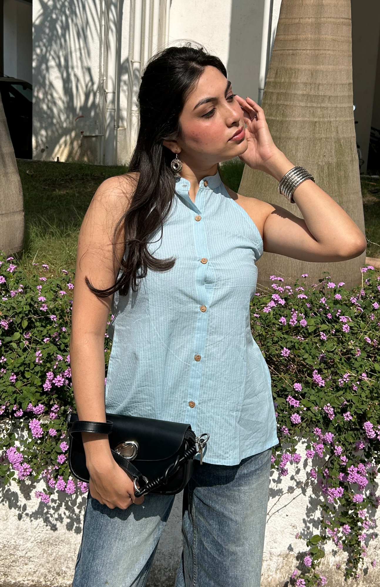 Sky Blue Color Kantha Work Mandarin Collar Halter Neck Shirt