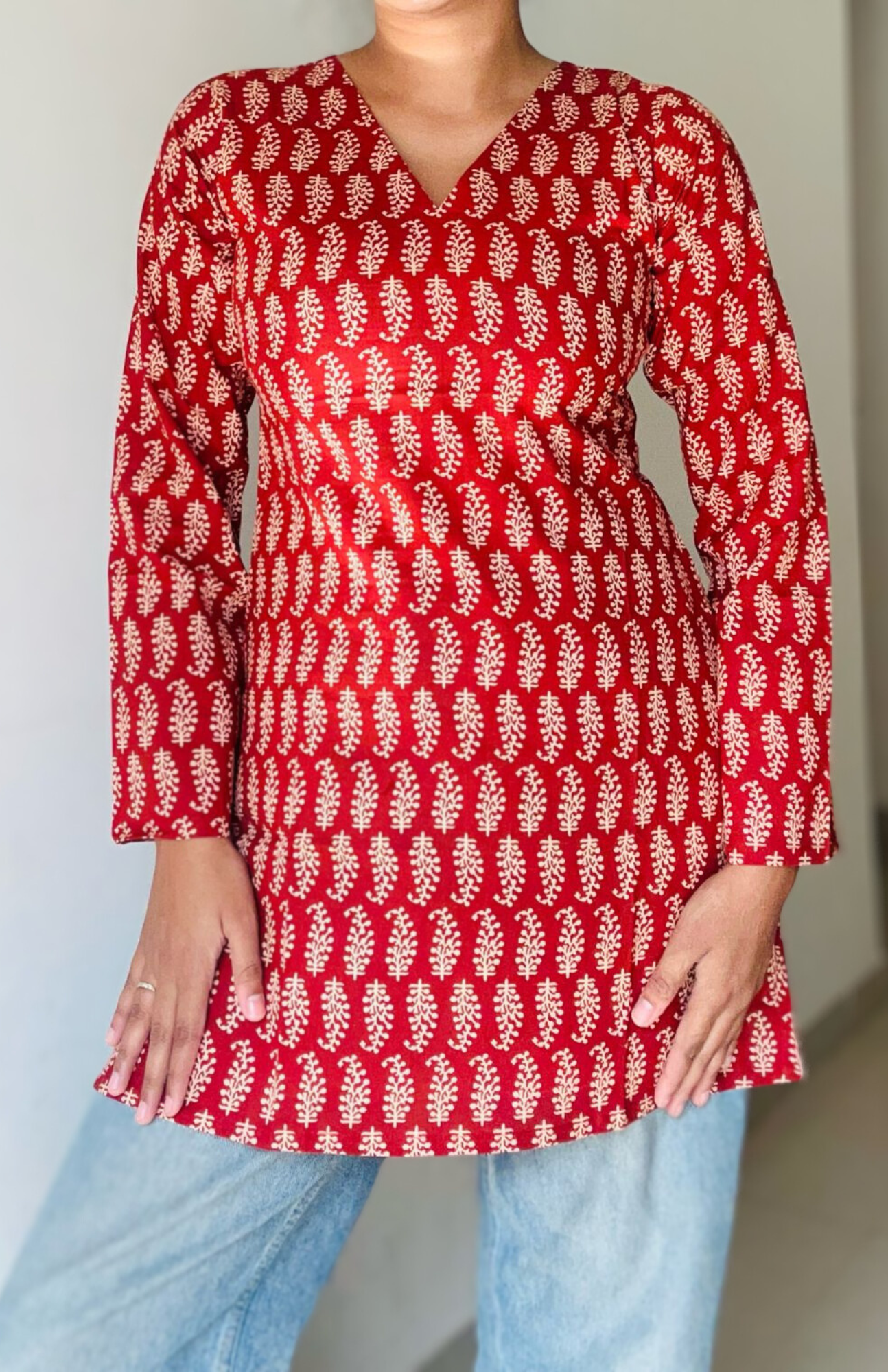 V Neck Maroon Color Leaf Print Cotton Short Kurti