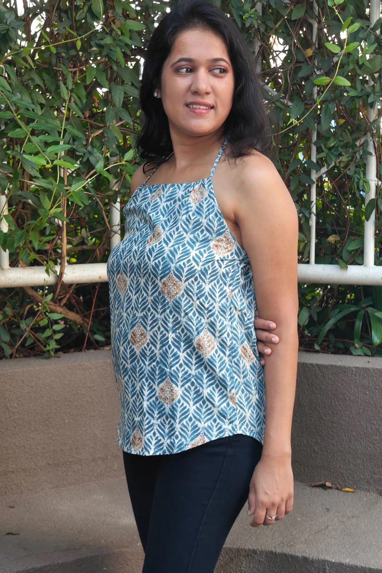 Blue Backless Halter Neck Cotton Top