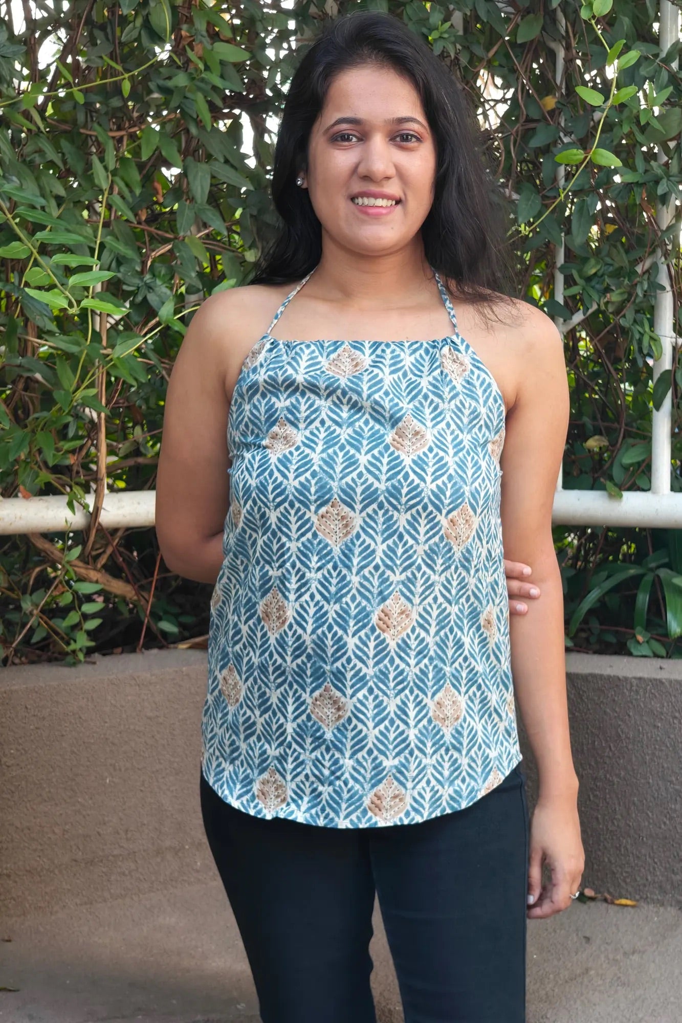 Blue Backless Halter Neck Cotton Top