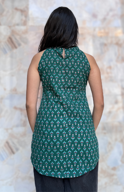 Bottle Green Cotton Halter Neck Short Kurti