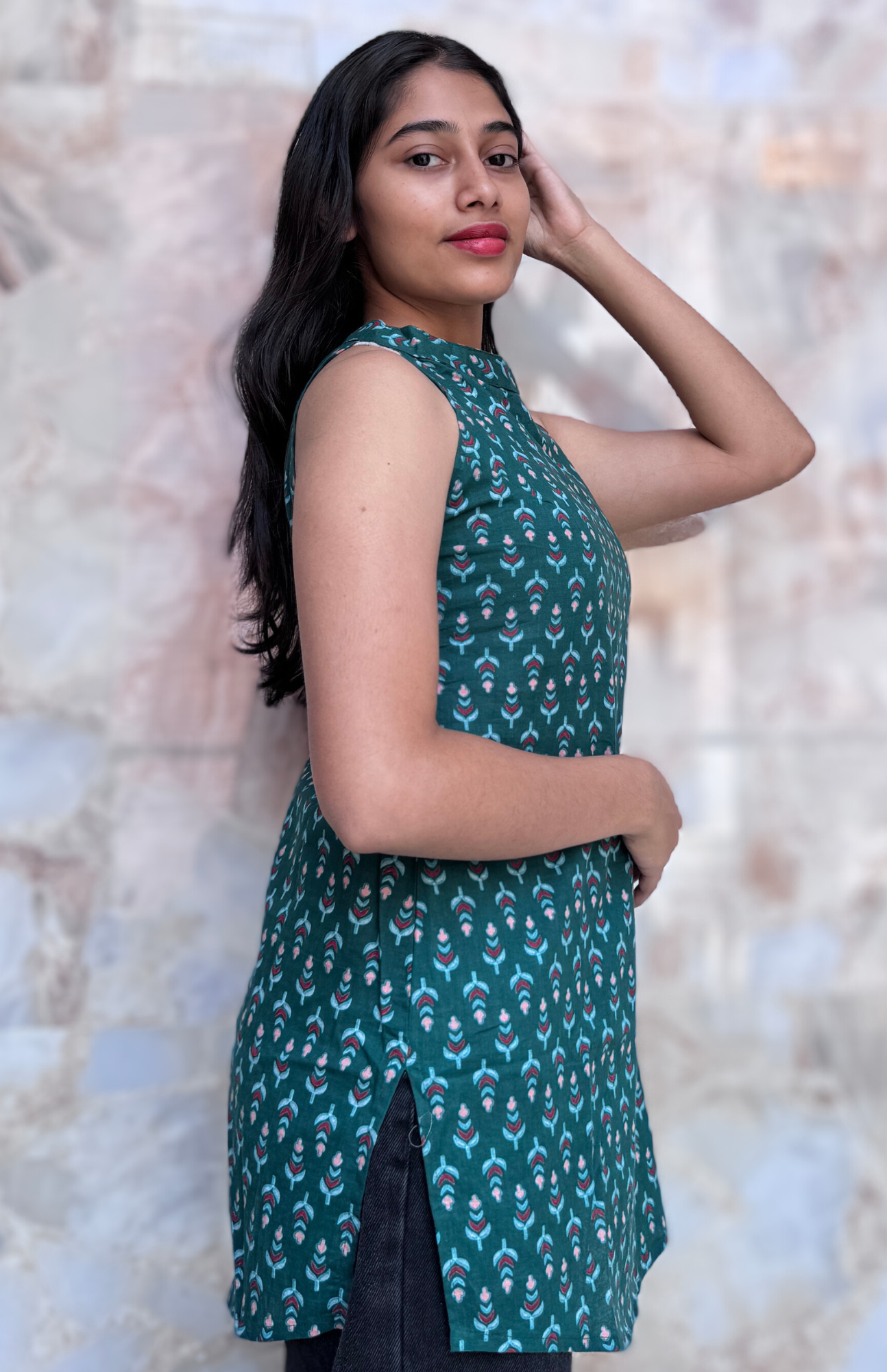 Bottle Green Cotton Halter Neck Short Kurti
