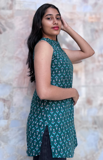Bottle Green Cotton Halter Neck Short Kurti