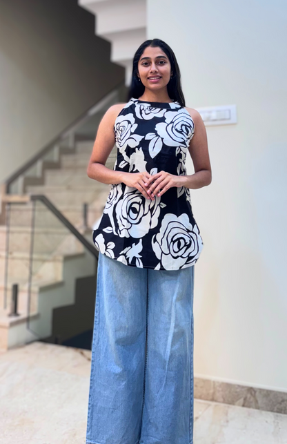 Midnight Bloom Black & White Rose Print Halter Neck Top