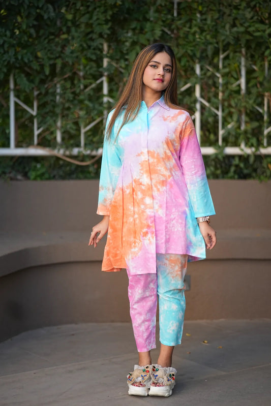 Blue Pink Orange Tie-Dye Printed Cotton Co-Ord Set