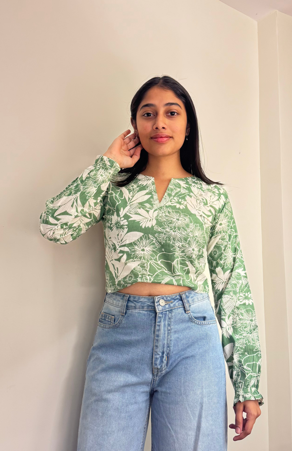 pista green white floral cotton crop top