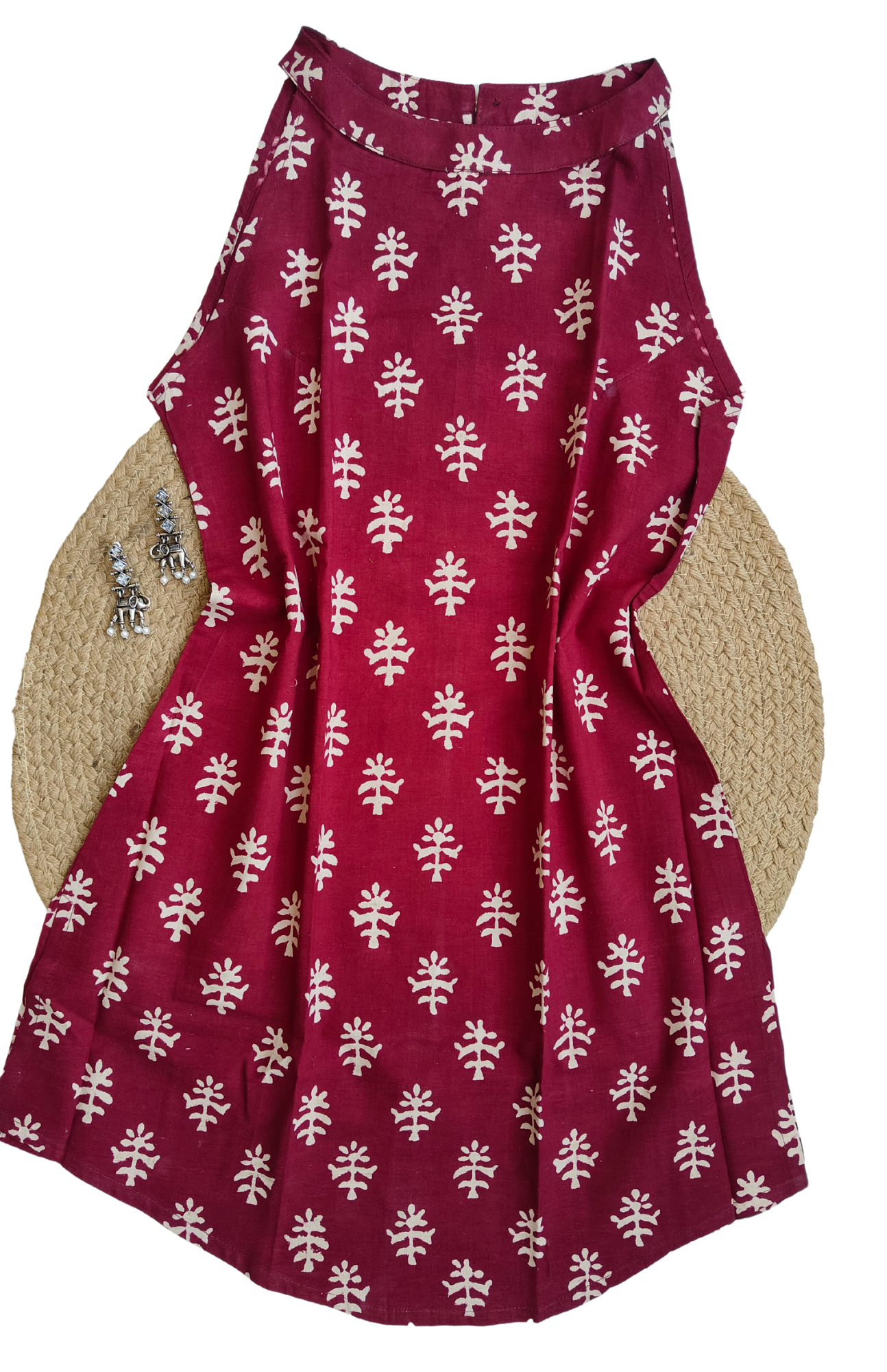 Wine Hues Hand Block Halter Neck Short Kurti