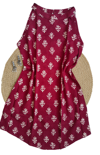 Wine Hues Hand Block Halter Neck Short Kurti