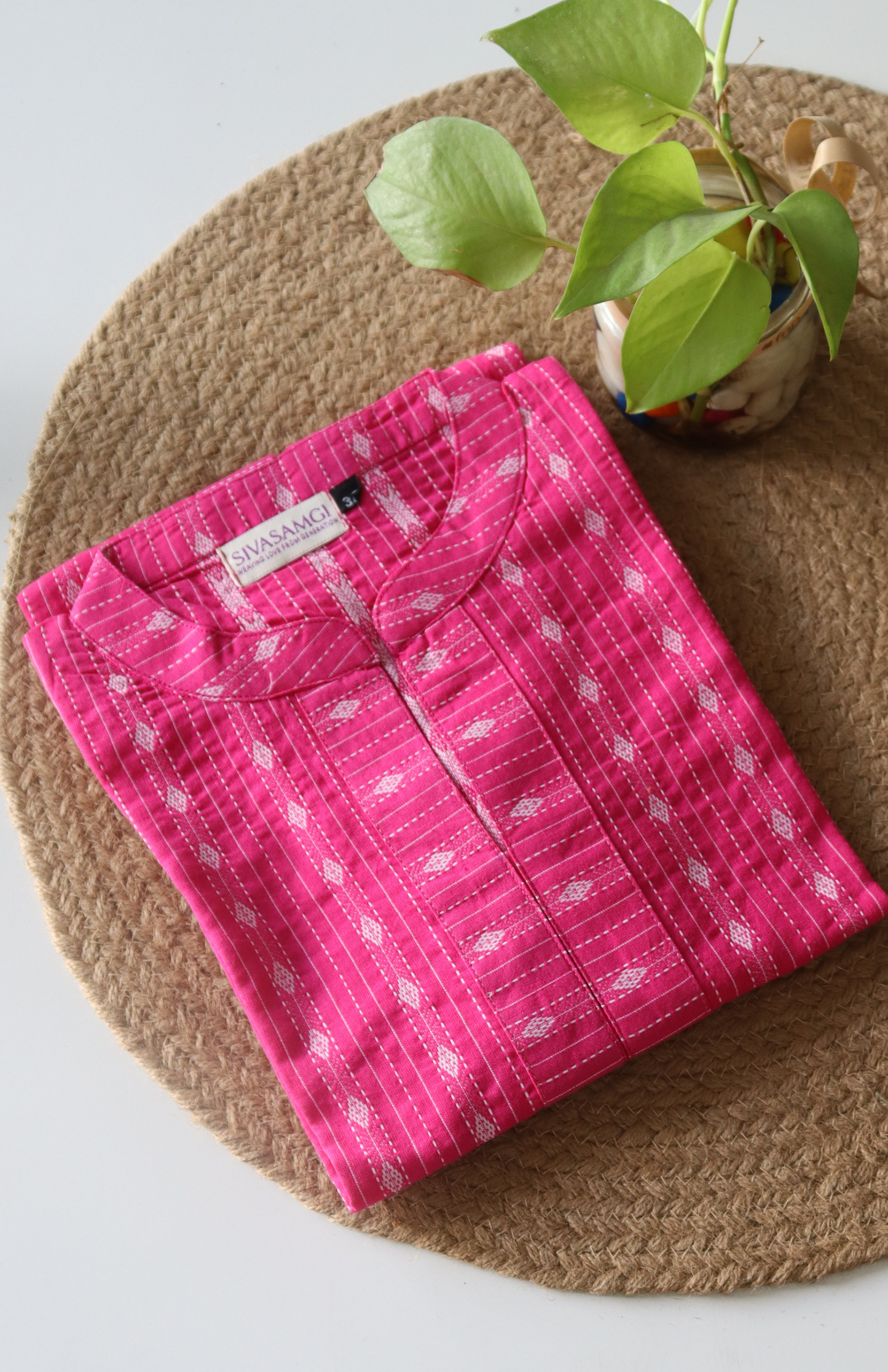 Dark Pink Mandarin Collar Top with Kantha Work