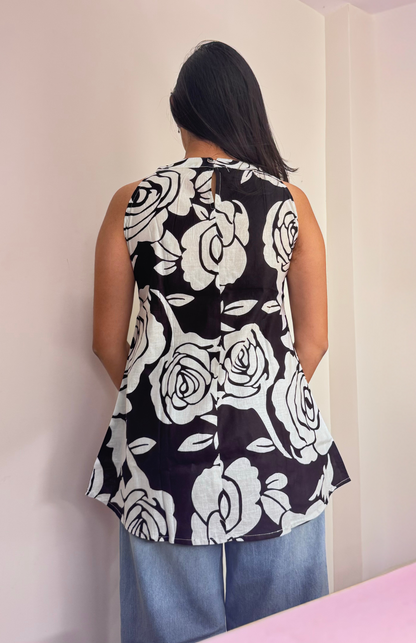 Midnight Bloom Black & White Rose Print Halter Neck Top