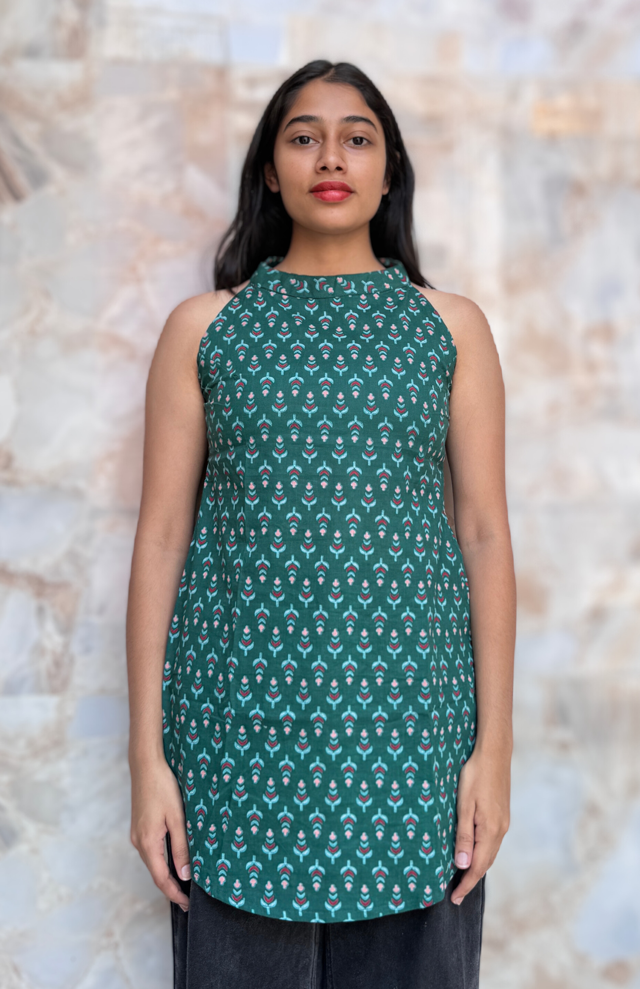 Bottle Green Cotton Halter Neck Short Kurti