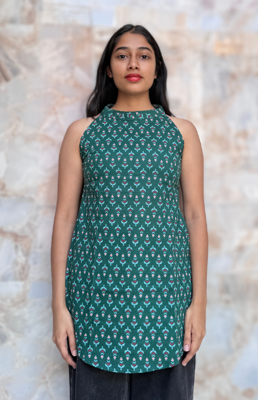 Bottle Green Cotton Halter Neck Short Kurti