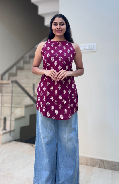 Wine Hues Hand Block Halter Neck Short Kurti