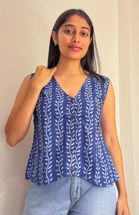 Indigo Leaf Print Sleeveless Waistcoat Style Cotton Top