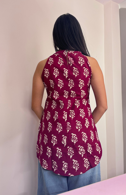 Wine Blossom Hand Block Halter Neck Short Kurti