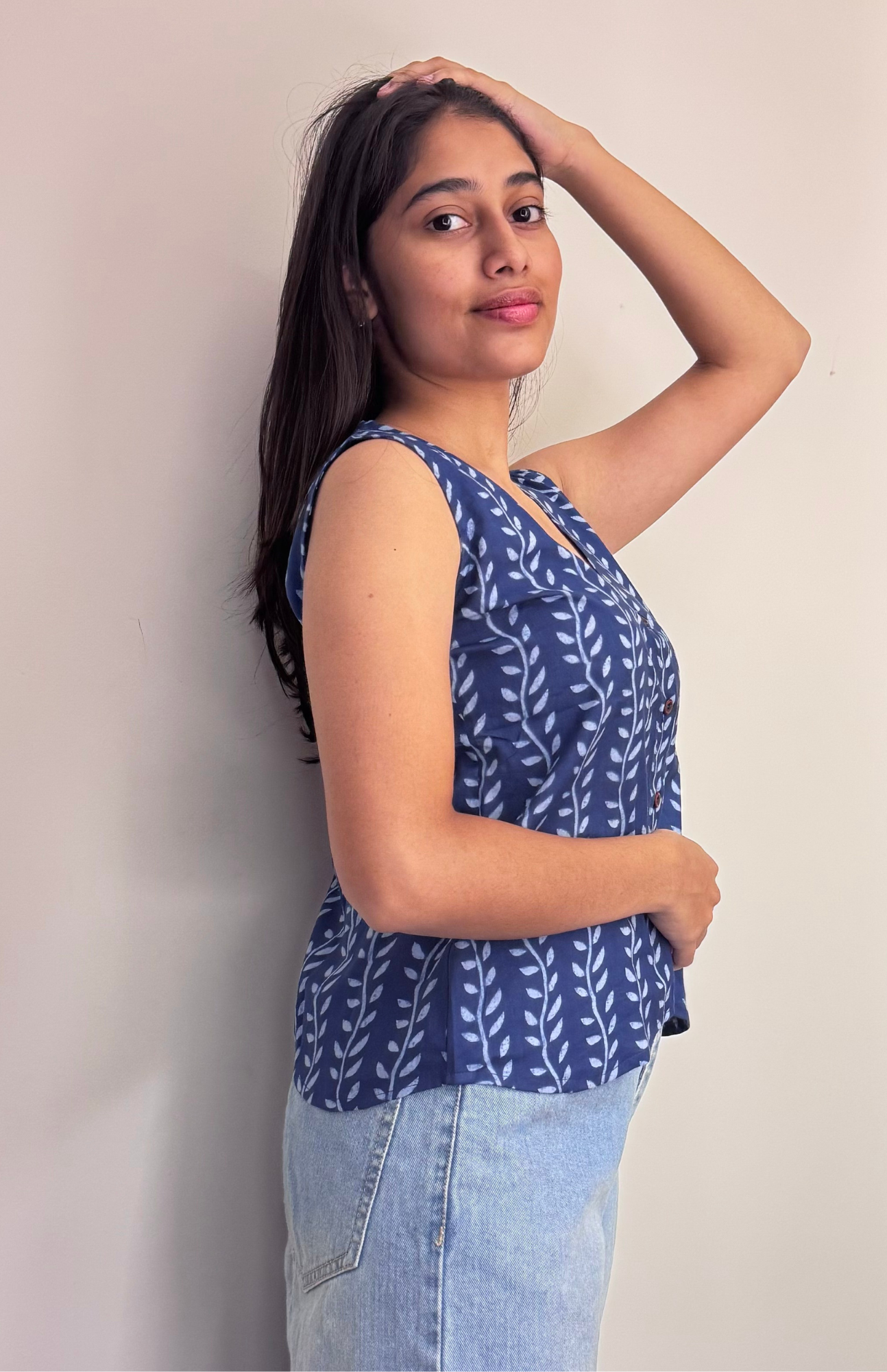Indigo Leaf Print Sleeveless Waistcoat Style Cotton Top
