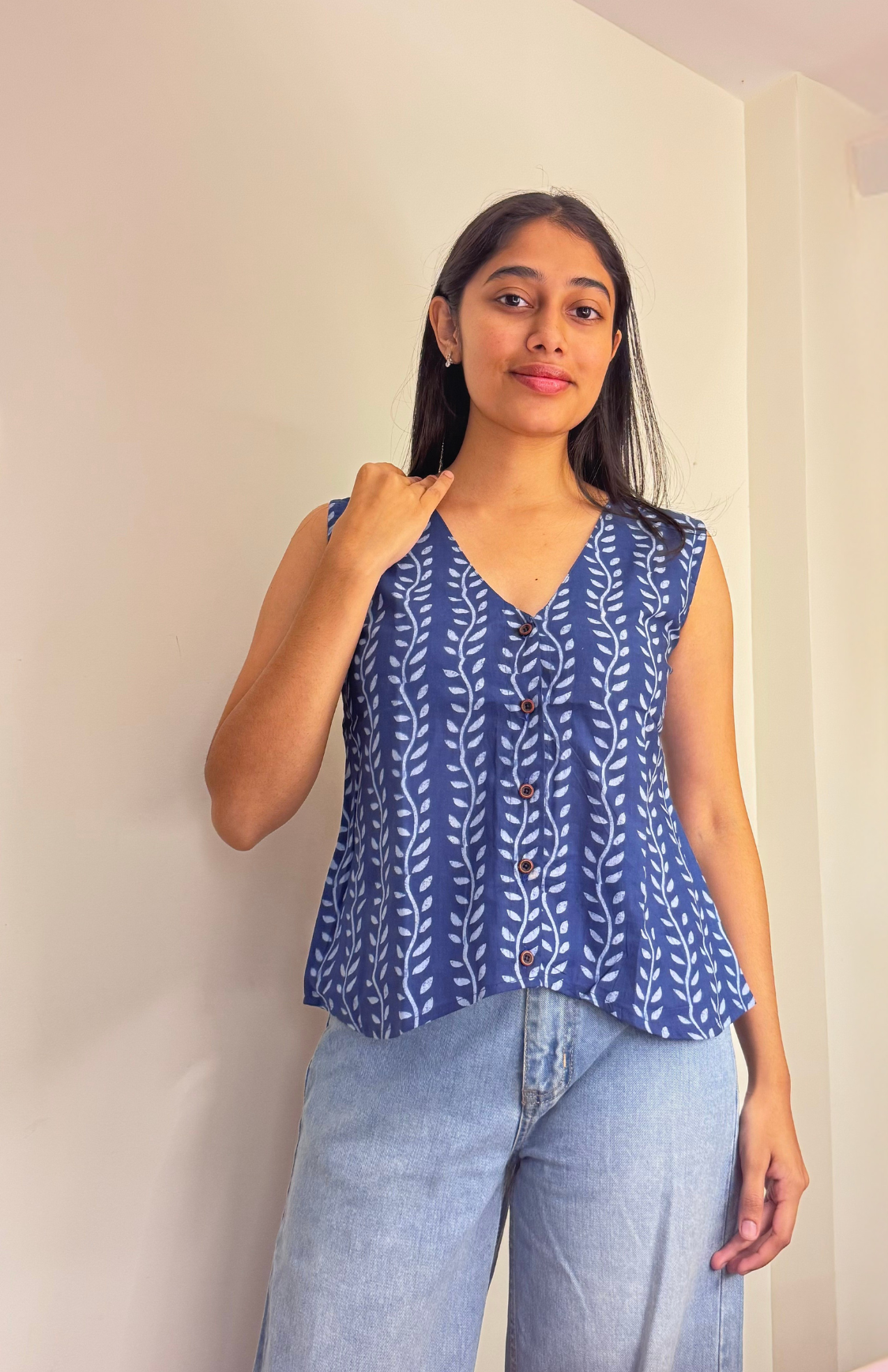 Indigo Leaf Print Sleeveless Waistcoat Style Cotton Top