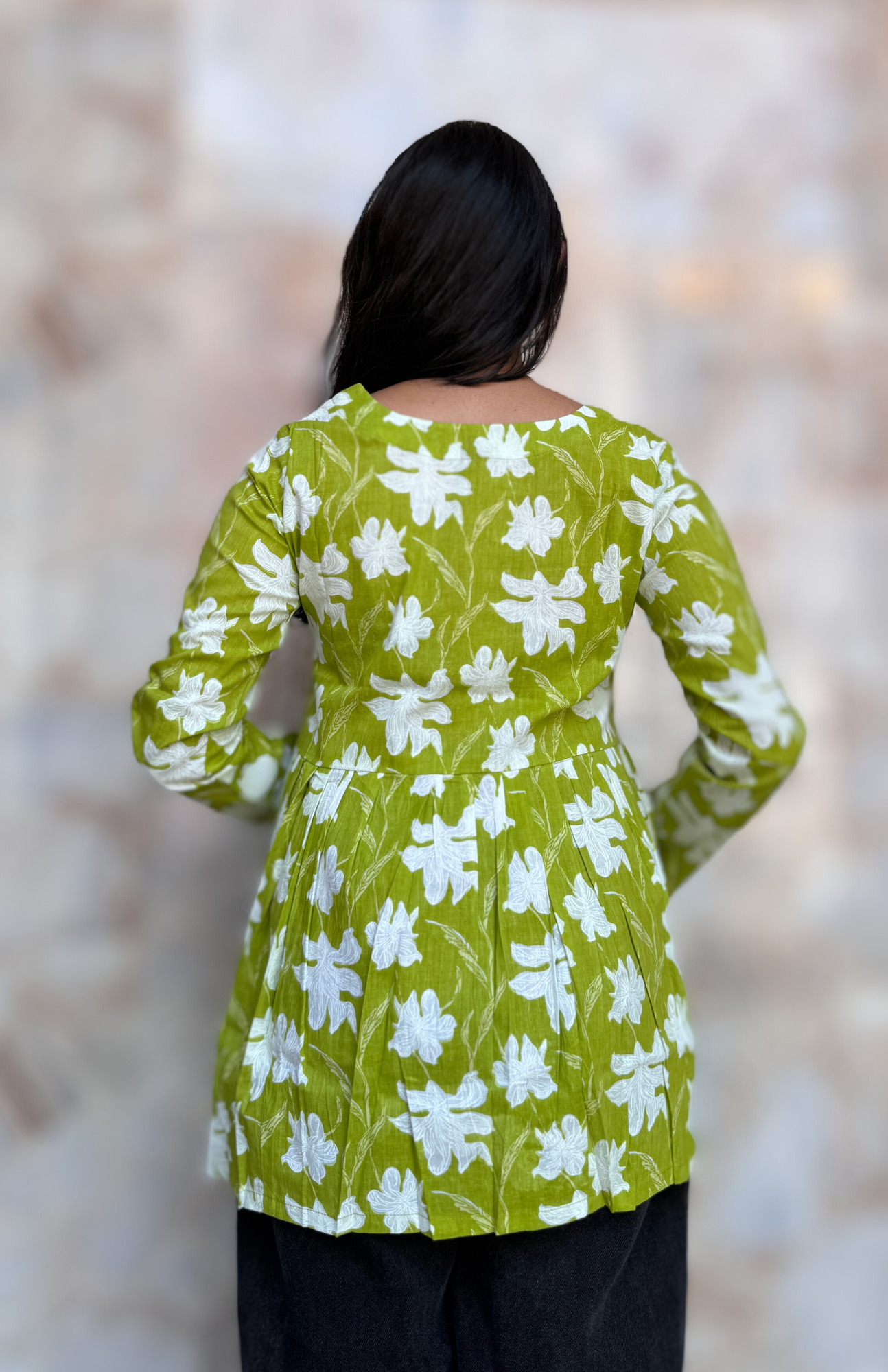 Scallop Neckline Lime Green & White Floral Print  Alia Cut Cotton Top
