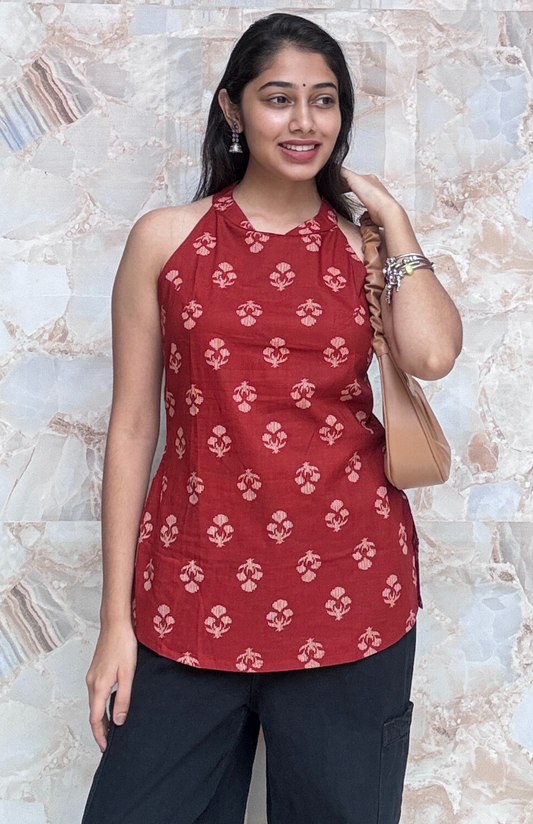 Maroon Halter Neck Cotton Top with Back Detailing