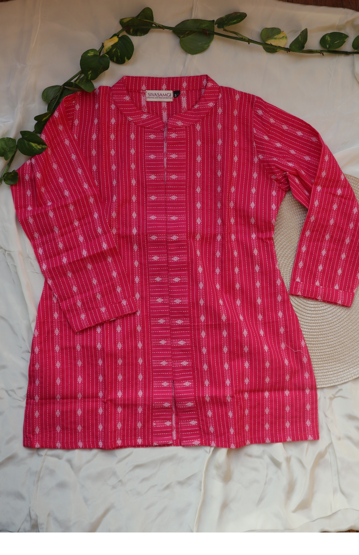 Dark Pink Mandarin Collar Top with Kantha Work