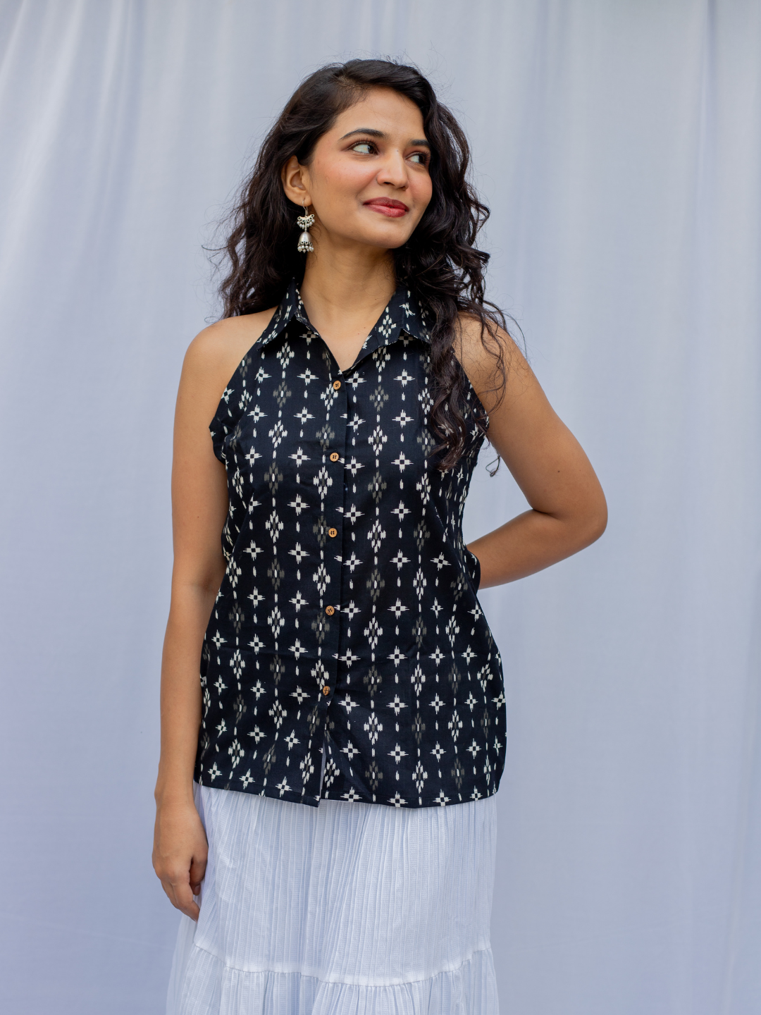 Black Geometric Print Cotton Halter Neck Shirt for Women
