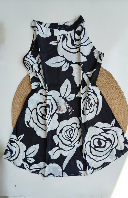 Midnight Bloom Black & White Rose Print Halter Neck Top