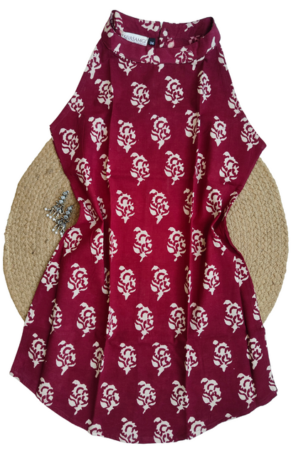 Wine Blossom Hand Block Halter Neck Short Kurti