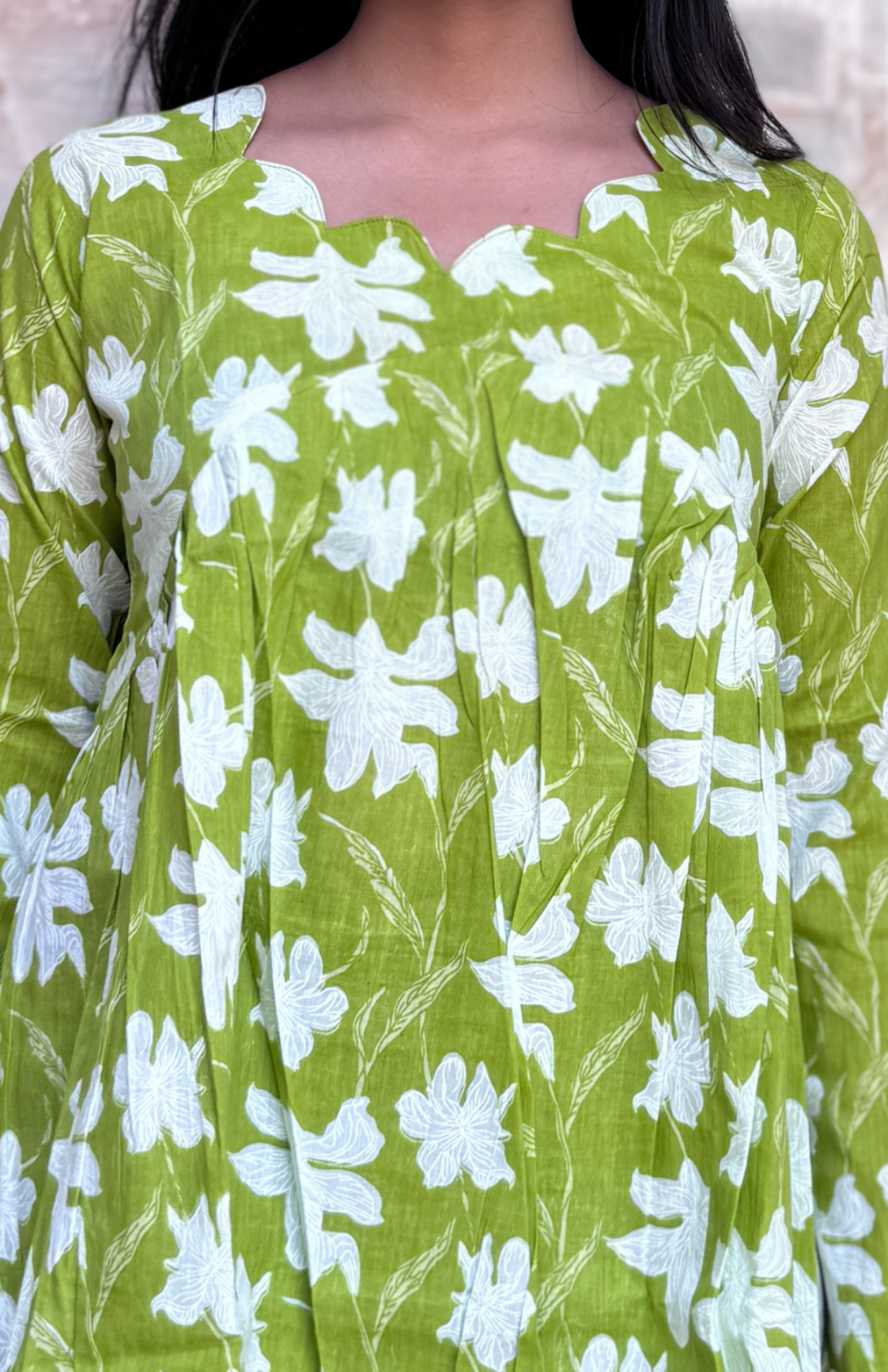 Scallop Neckline Lime Green & White Floral Print  Alia Cut Cotton Top