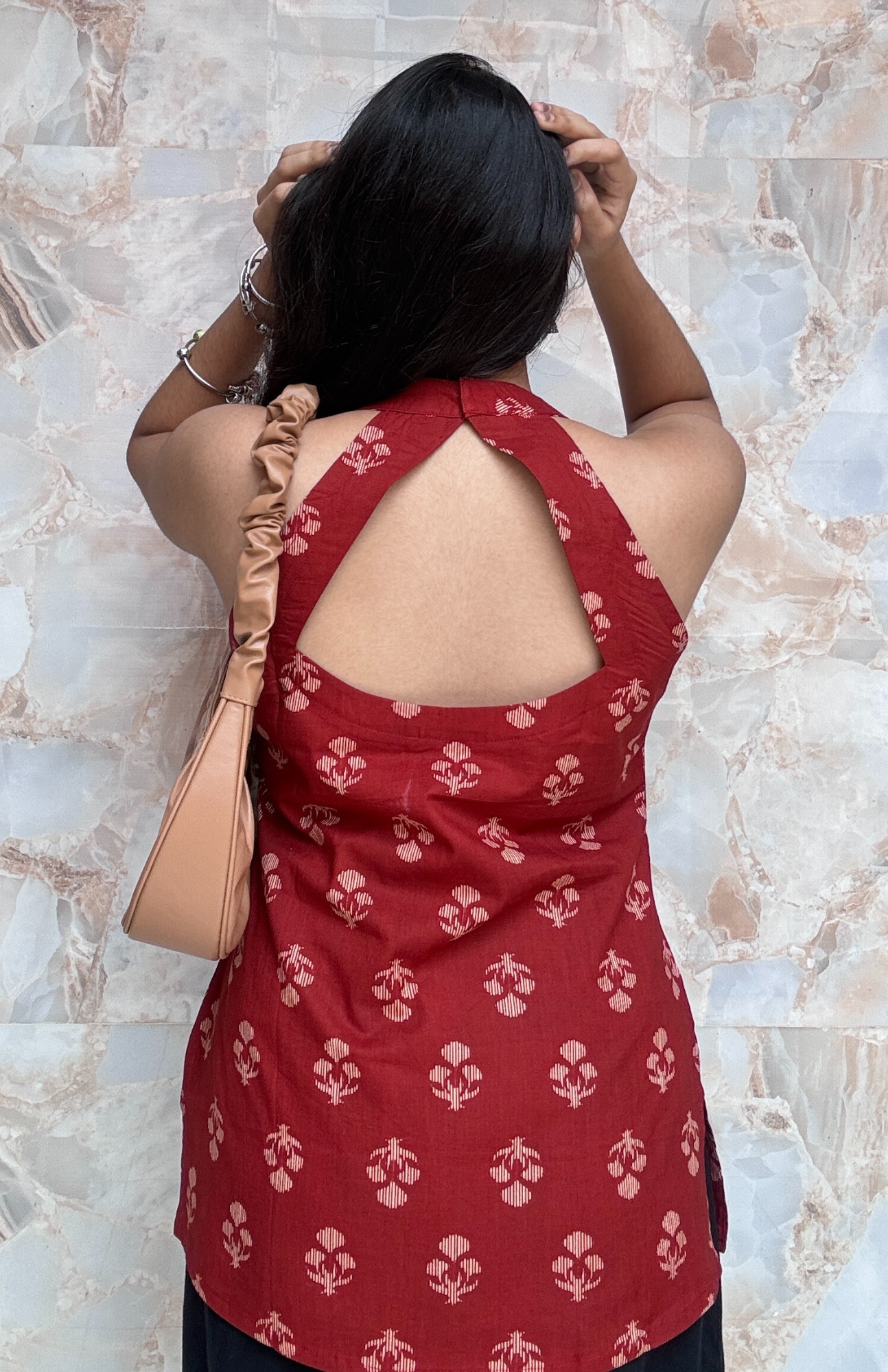 Maroon Halter Neck Cotton Top with Back Detailing