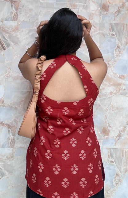 Maroon Halter Neck Cotton Top with Back Detailing