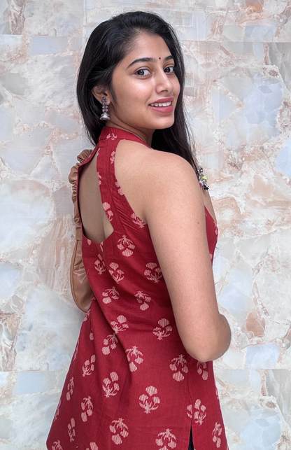 Maroon Halter Neck Cotton Top with Back Detailing