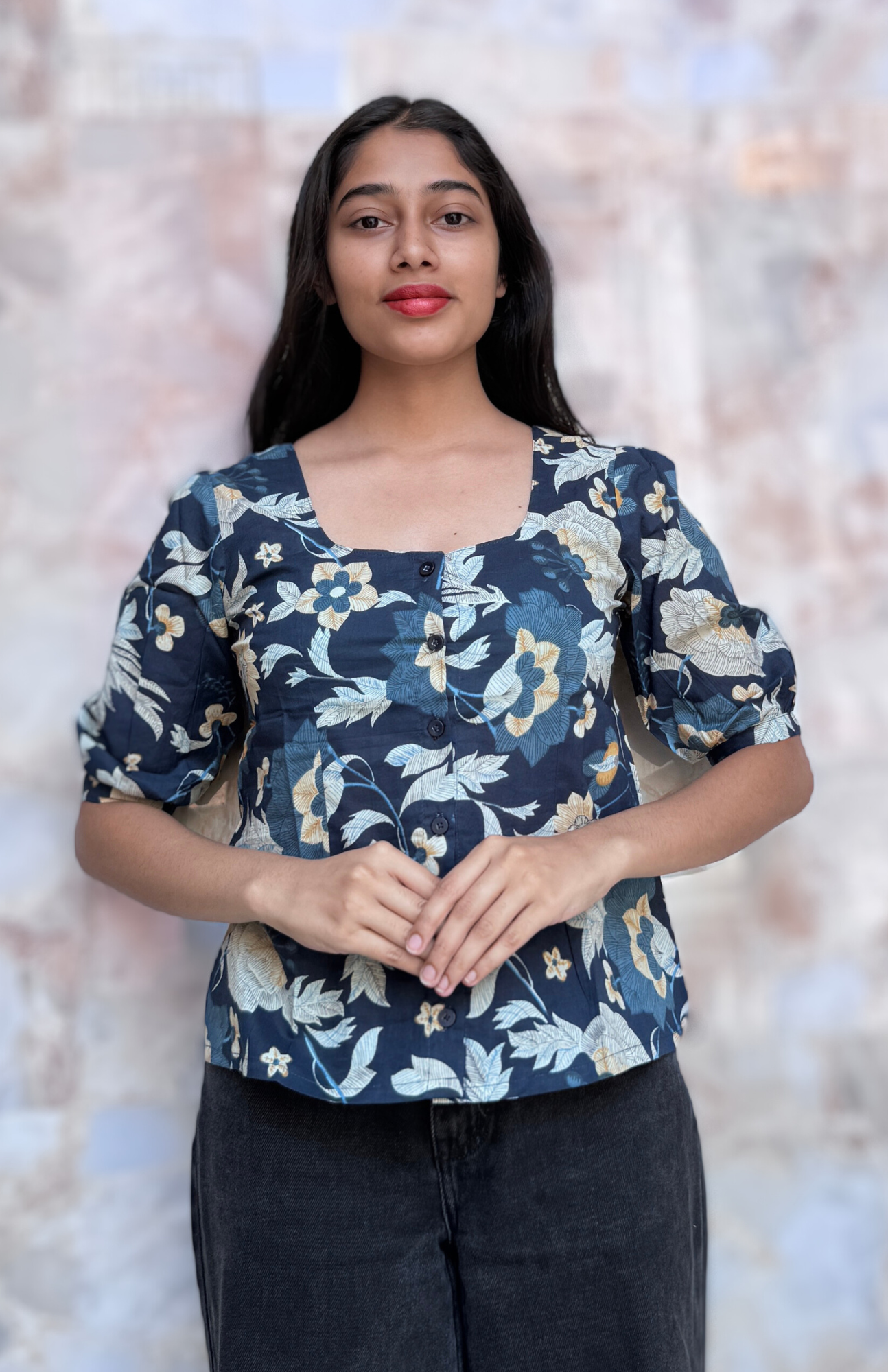 Deep Blue Floral Print Cotton Short Top